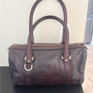 Gucci Monogram GG Shima  Dark Brown Leather Boston Bag Pre Owned